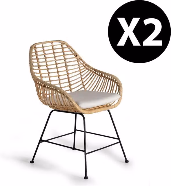 Set di 2 sedie in rattan naturale e metallo, cuscino incluso