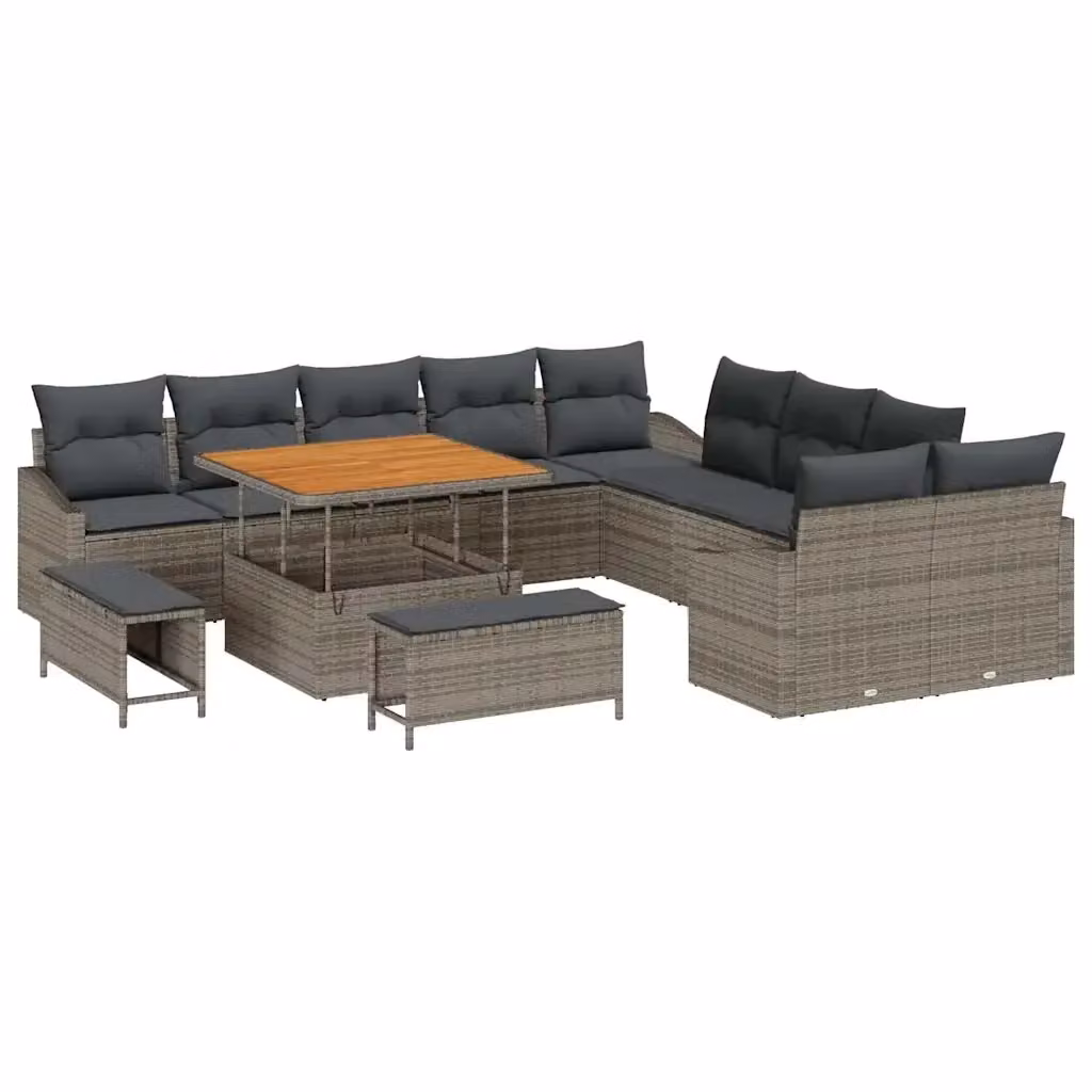 Set Divano da Giardino vidaXL a forma a U in Polyrattan Grigio con 13 Pezzi, Tavolino, Pouf e Cuscini Inclusi – 2