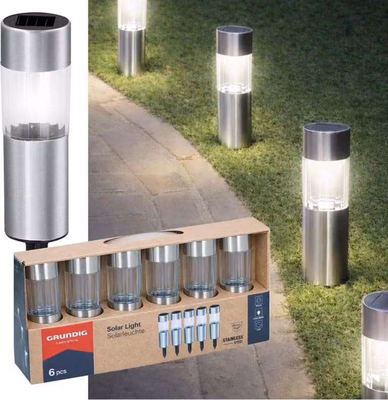Set di 6 luci solari da terra Grundig - luce solare in acciaio inox - lampade solari per esterni