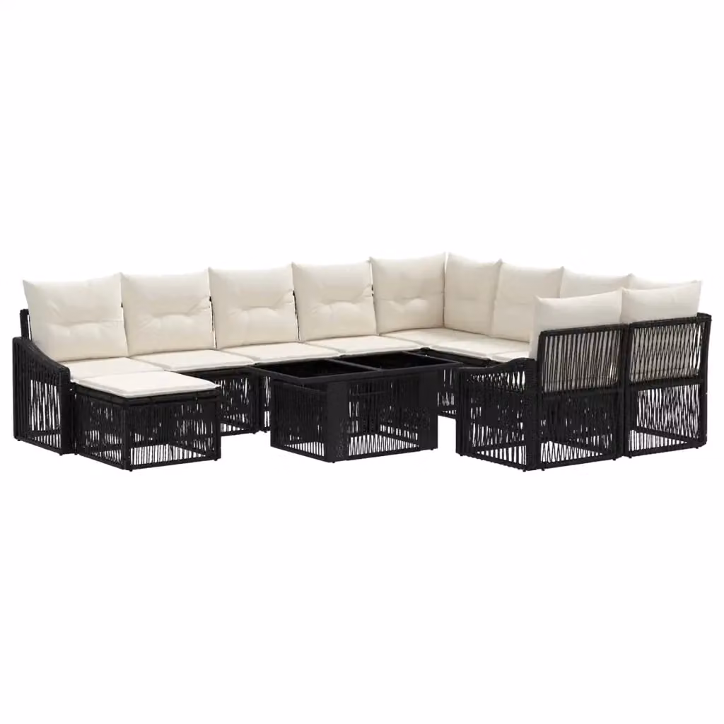 Set Divano da Giardino vidaXL in Polyrattan 11 Pezzi con Tavolino e Ottoman, Colore Nero e Bianco Crema, Design Moderno a Forma di U per Terrazza e Balcone – 2