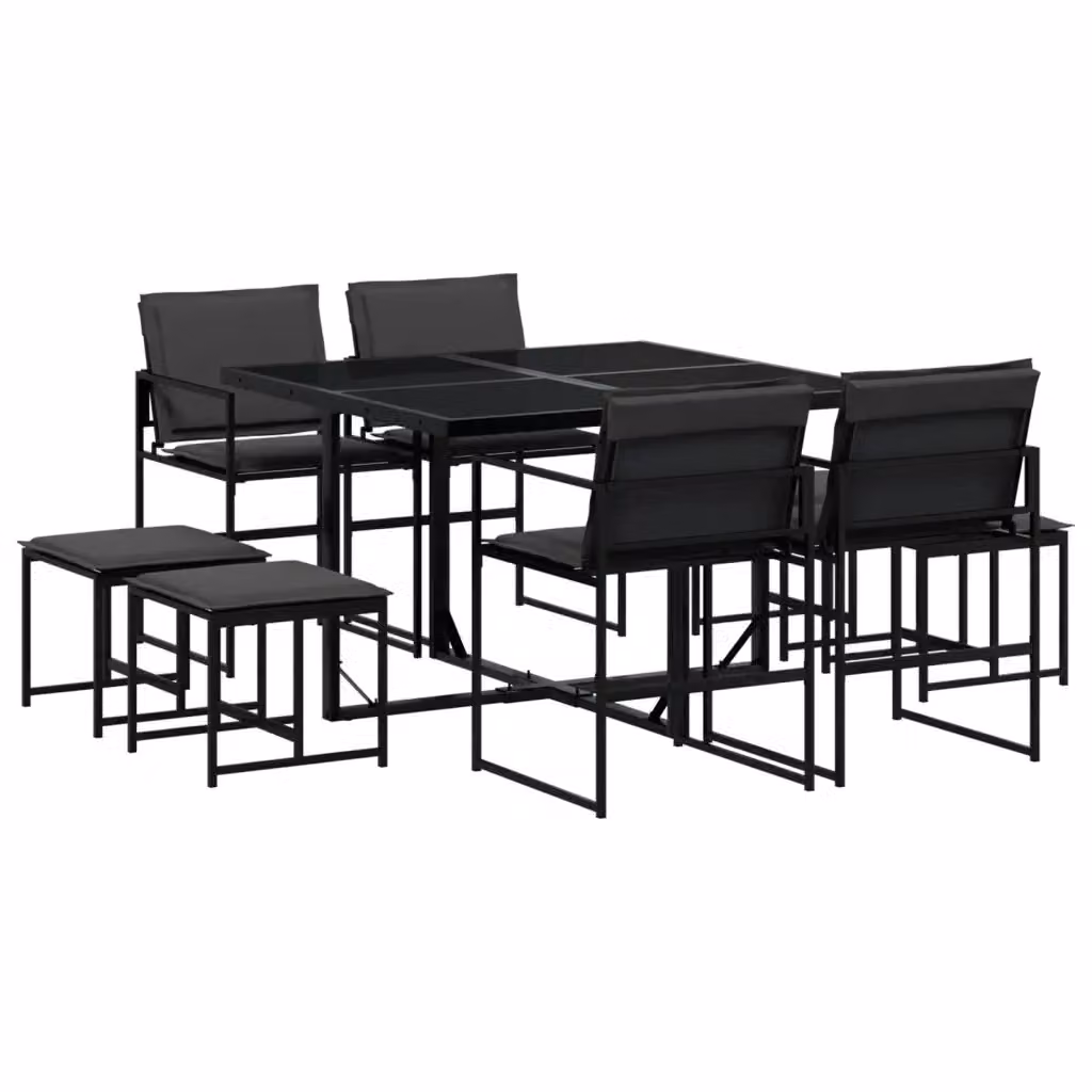 Set da pranzo da giardino vidaXL in acciaio verniciato a polvere e vetro, 9 pezzi, nero e grigio – 2