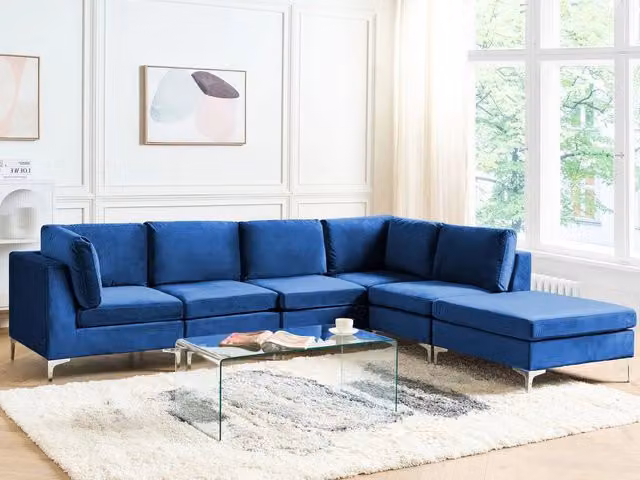 Divano ad angolo componibile versione sinistra a 5 posti in velluto blu marino con gambe in metallo argentato a forma di L ottomana Stile glamour