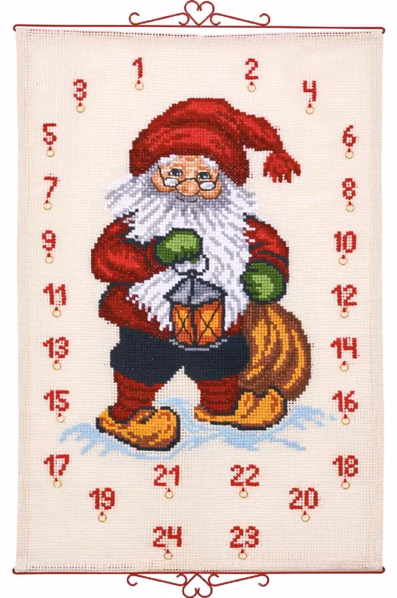 Kit per ricamo a punto croce, calendario dell'Avvento a forma di Babbo Natale con lanterna, dimensioni 75x112 cm
