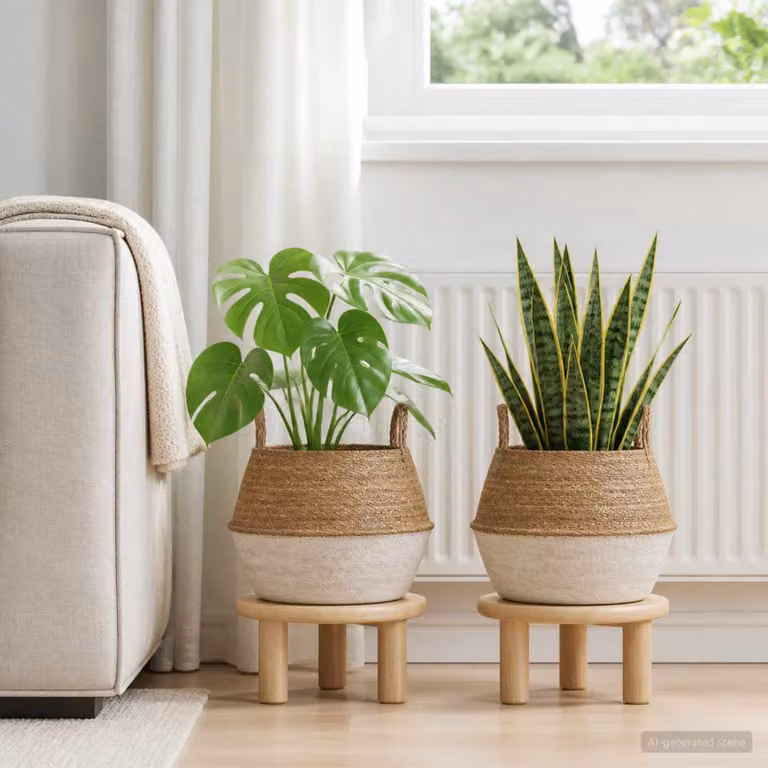 Set di 2 vasi da fiori in rattan stile rustico vidaXL, colore bianco e beige, Ø 45 x H 36 cm