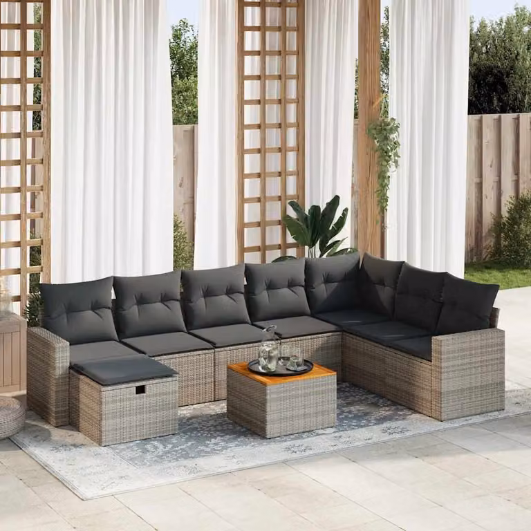 Set Divano da Giardino vidaXL 9 pz in Polyrattan Grigio e Marrone con Cuscini e Tavolino