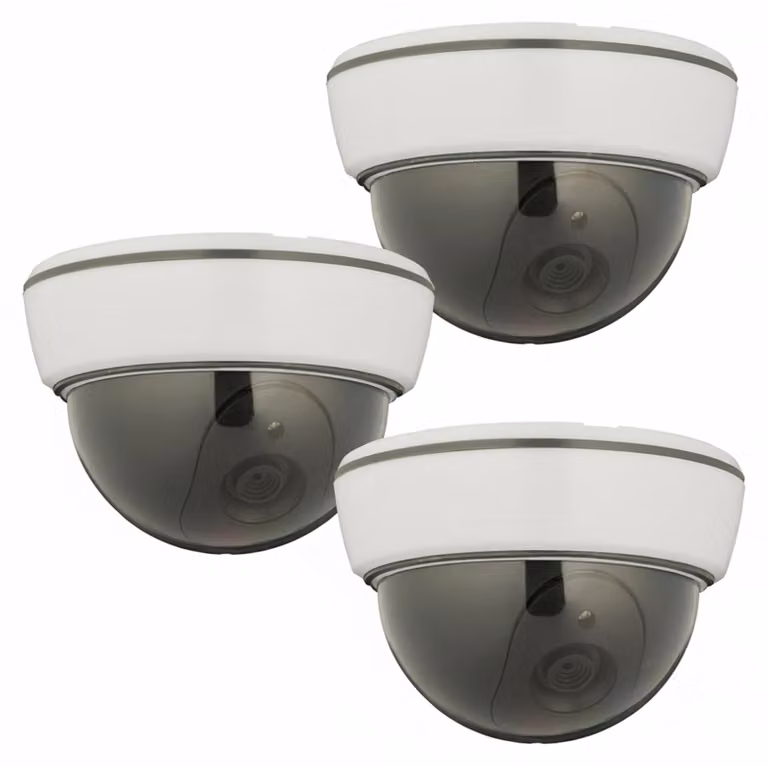 Relaxdays Telecamera finta, set da 3, LED lampeggianti, per interni ed esterni, alimentata a batteria, telecamera di sorveglianza finta, bianca