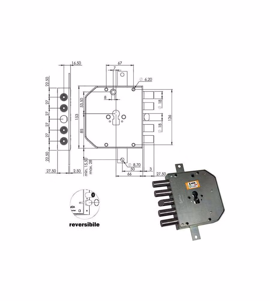 Serratura Sicura Triplice Dx Cilindro E63 Res654+33/270 Moia