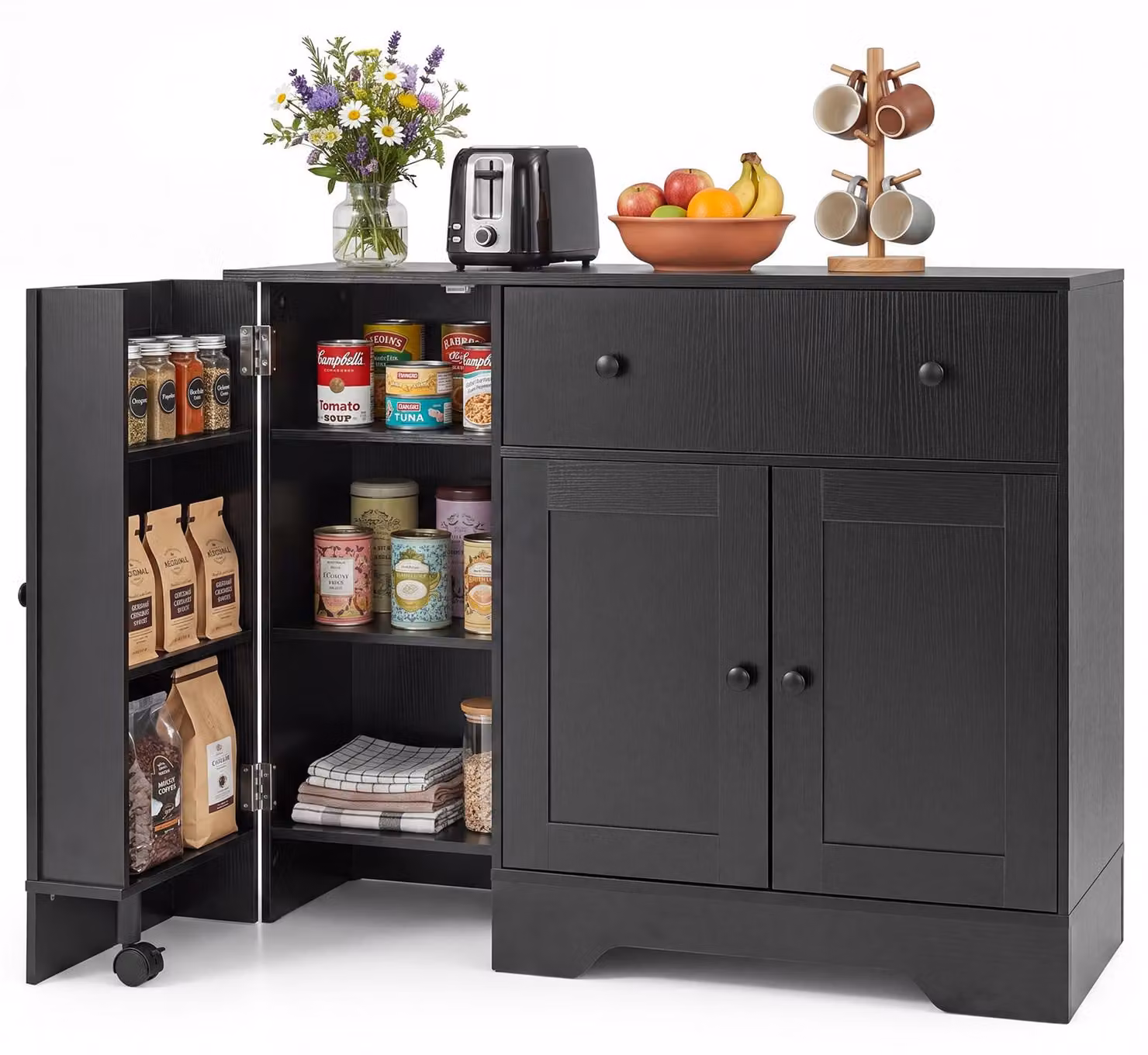 Mobiletto da cucina COSTWAY, credenza su ruote, mobiletto buffet con cassetto, ripiano, 2 ante e piano di lavoro, mobiletto contenitore, 105x40x83 cm, nero
