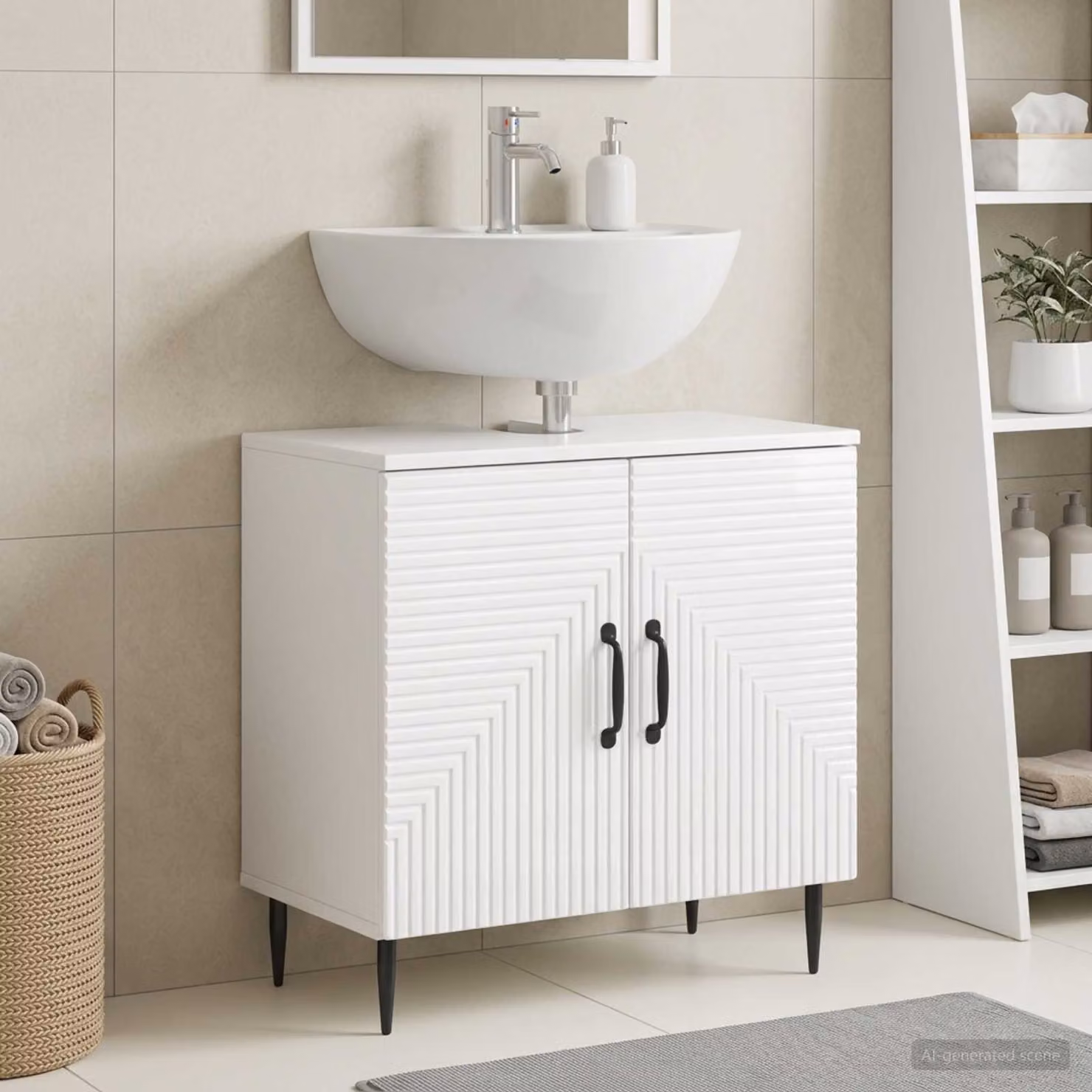 Armadio per lavabo da bagno vidaXL HAARLEM bianco lucido con ante a battente e struttura freestanding