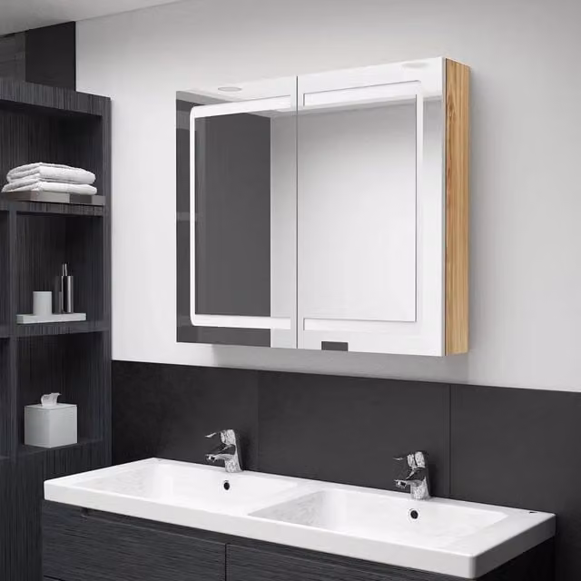 Armadietto da bagno con specchio e illuminazione LED vidaXL, Bianco e Marrone, L: 80 cm, P: 12 cm, H: 68 cm