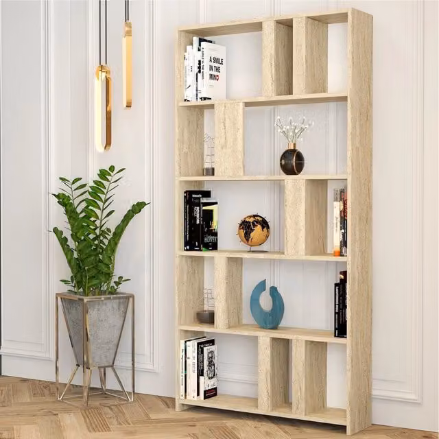 Biblioteca Tribogna DMORA, Libreria Moderna con 4 Ripiani, Beige Marmo, L: 90 cm, P: 20 cm, H: 180 cm