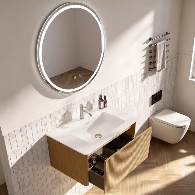 Mobile bagno freestanding con lavabo in ceramica bianca, struttura in MDF e finitura melaminica