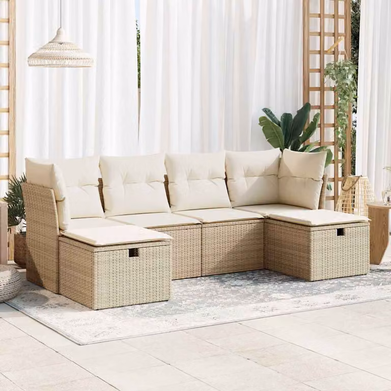 Set Divano da Giardino vidaXL 6 pz in Polyrattan Beige con Cuscini e Ottoman L-Shape