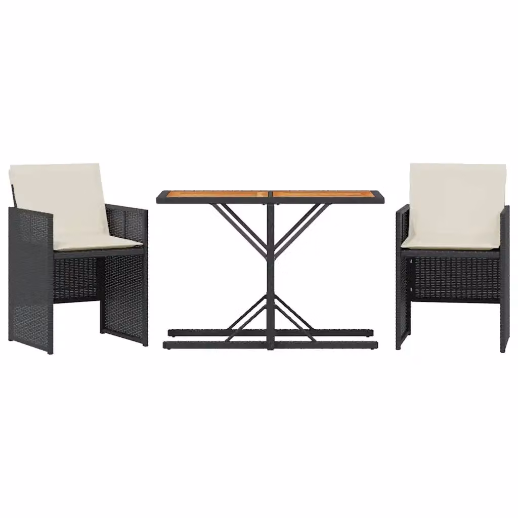 Set da Bistrò vidaXL in Polyrattan e Legno di Acacia con 3 Cuscini Nero e Bianco per Giardino e Terrazzo – 2