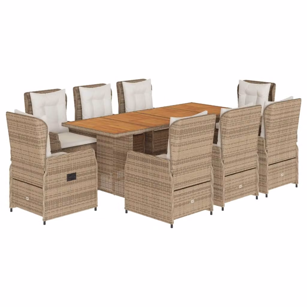 Set da Pranzo da Giardino 9 pz con Cuscini Beige in Polyrattan