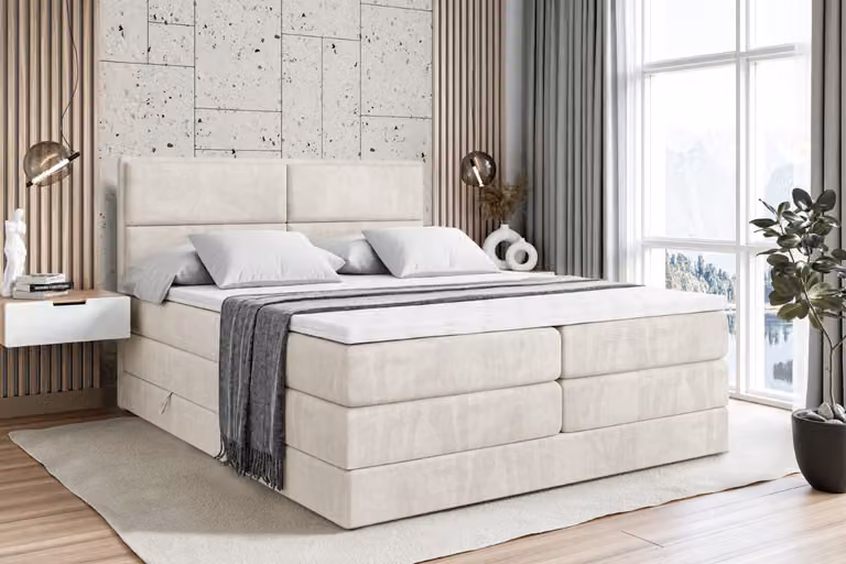 Letto boxspring ALTDECOR con 2 materassi e topper - 180x200 cm - AURA KING - Velluto color crema - Letto imbottito con materassi H3 e H4, contenitore e rete a doghe, letto con spazio contenitivo