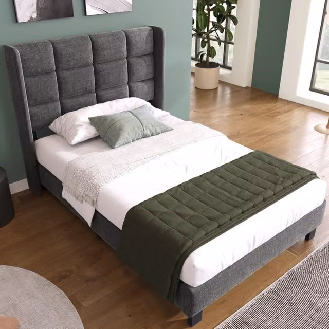 Letto singolo imbottito grigio 90x200 cm con rete a doghe e testiera in lino
