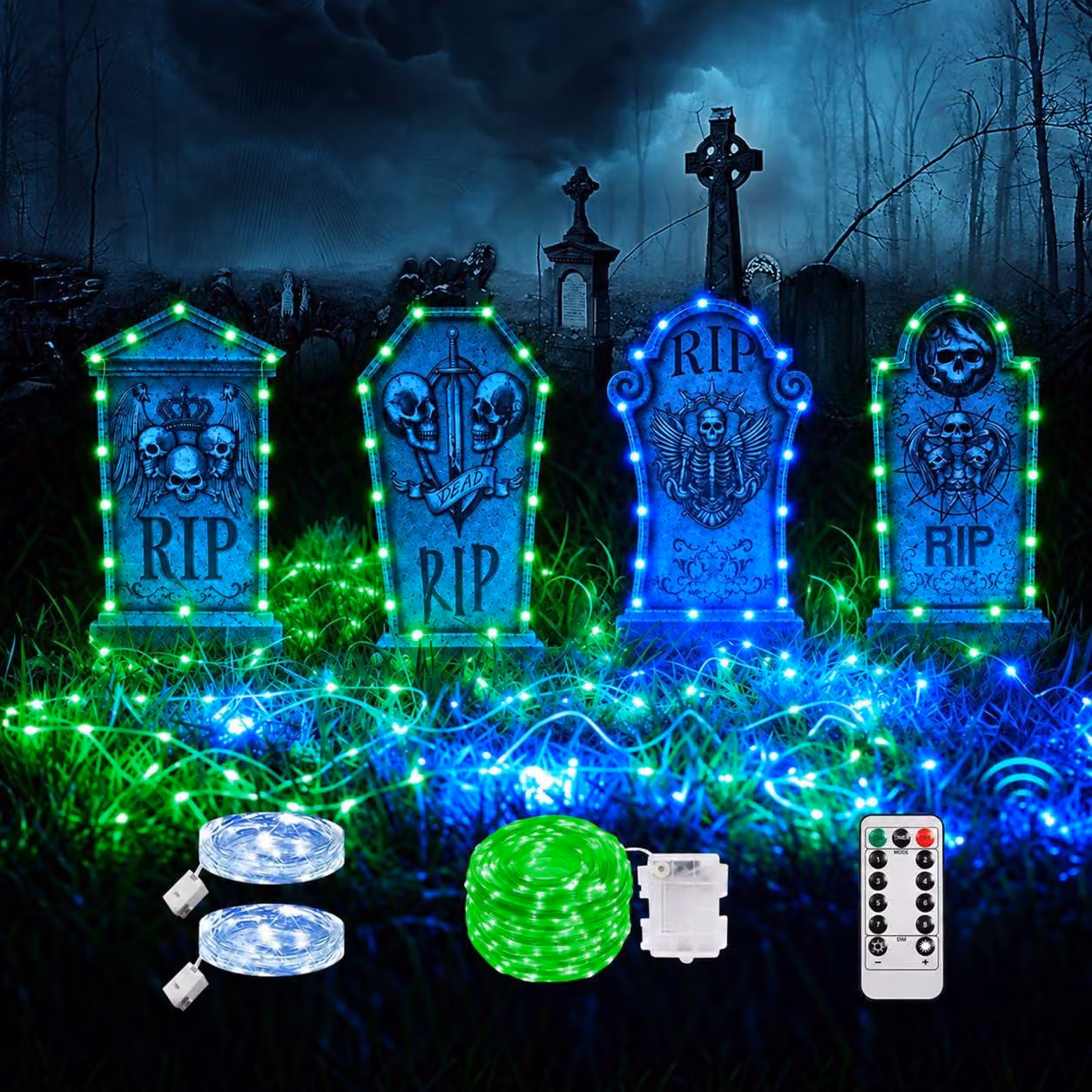 4 lapidi di Halloween con catena di luci LED, decorazioni per cimitero