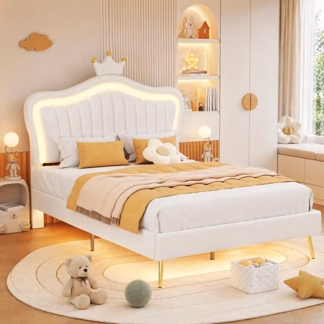 Letto singolo Mivray con testiera imbottita e illuminazione LED sotto il letto, rivestimento in similpelle bianca, L/P: 90 x 200 cm