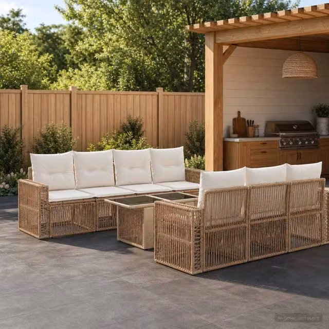 Set Divano da Giardino 8 Pezzi vidaXL in Polyrattan Beige e Bianco con Tavolino e Cuscini Imbottiti – 1