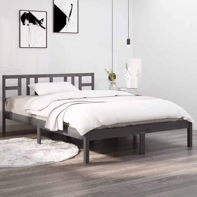 The Living Store Letto in legno massiccio grigio 200x200 cm