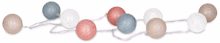 Catena luminosa con 10 palline di cotone rosa, blu e bianche, lunghezza 2 metri