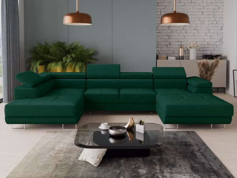 Set di divani Caris U con funzione letto e poggiatesta regolabili, divano ad angolo con due contenitori, divanetto, divano, divano letto (verde (Kronos 19), divano ad angolo a destra)