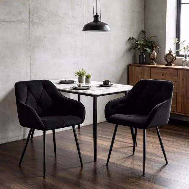 Set di 2 sedie da pranzo in velluto nero con struttura in metallo