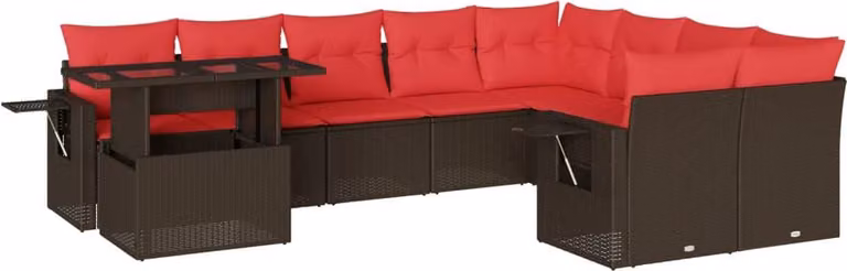 Set Divani da Giardino 10 pz con Cuscini Marrone in Polyrattan