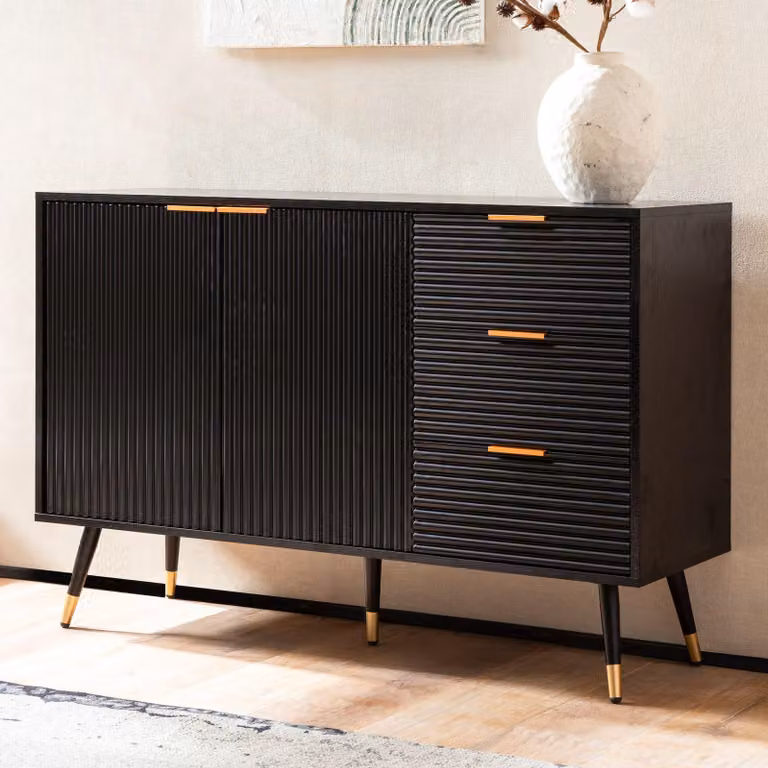 FineBuy Credenza 120x80x40 cm Credenza nera con decorazione in rovere Comò con ante e cassetti Comò Armadio da ingresso Armadio moderno Armadio a colonna