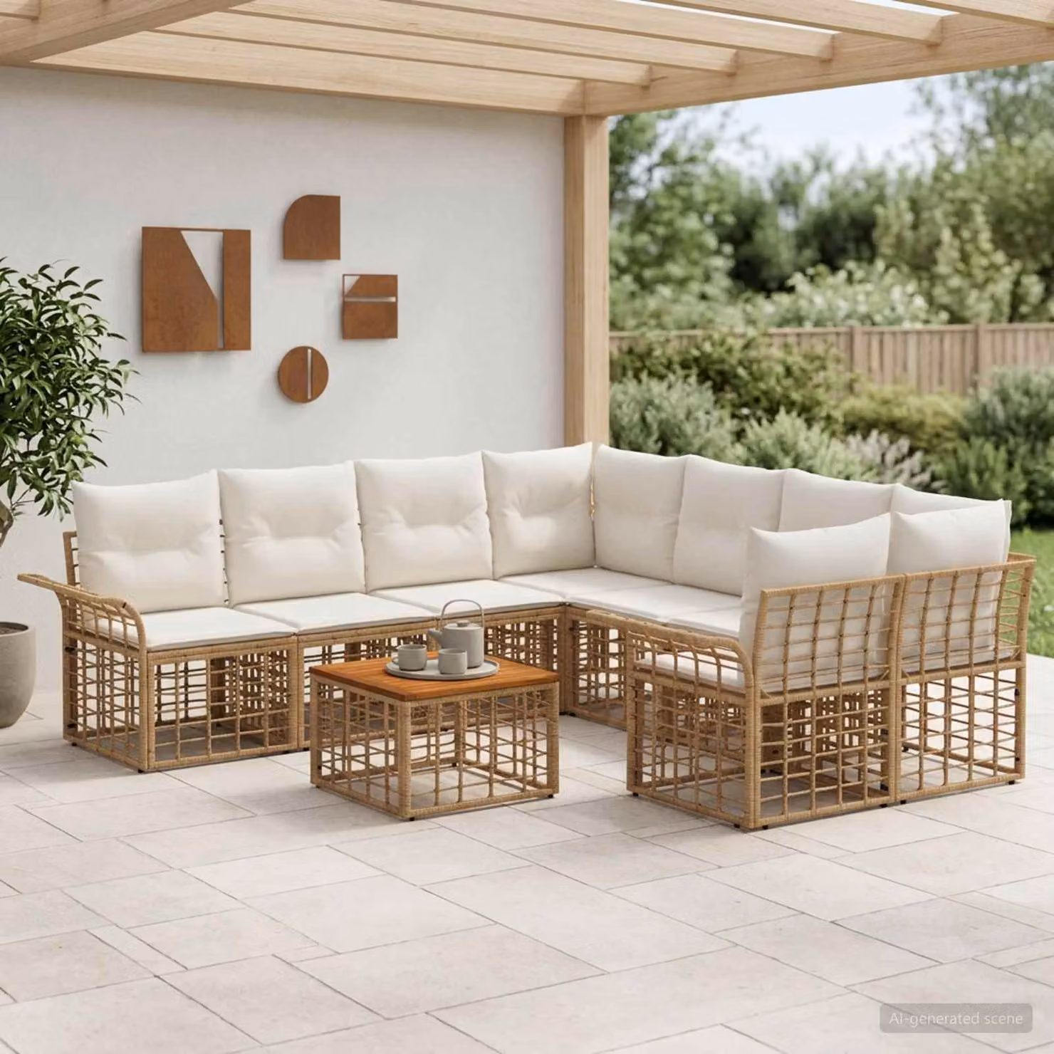 Set di divani da esterno vidaXL in polyrattan con tavolo da caffè e cuscini, composizione a L con struttura in legno di acacia, colore beige e bianco crema