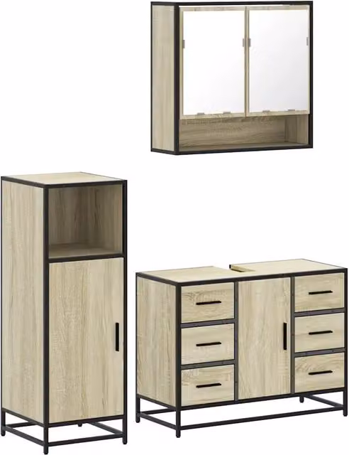 Set Mobili da Bagno | Armadio da bagno 3 pz Rovere Sonoma in Legno Multistrato