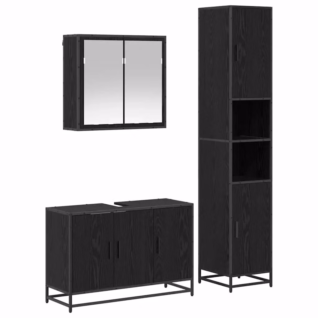 Set di mobili per il bagno moderno vidaXL 3 pezzi in rovere e nero con armadietto a specchio, mobile lavabo e mobiletto laterale – 2