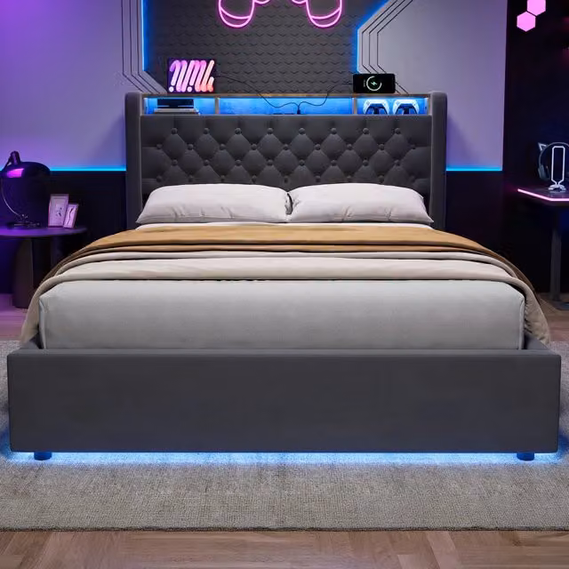 LETTO Imbottito 140 x 190 cm in Velluto Grigio con LED, USB e Contenitore