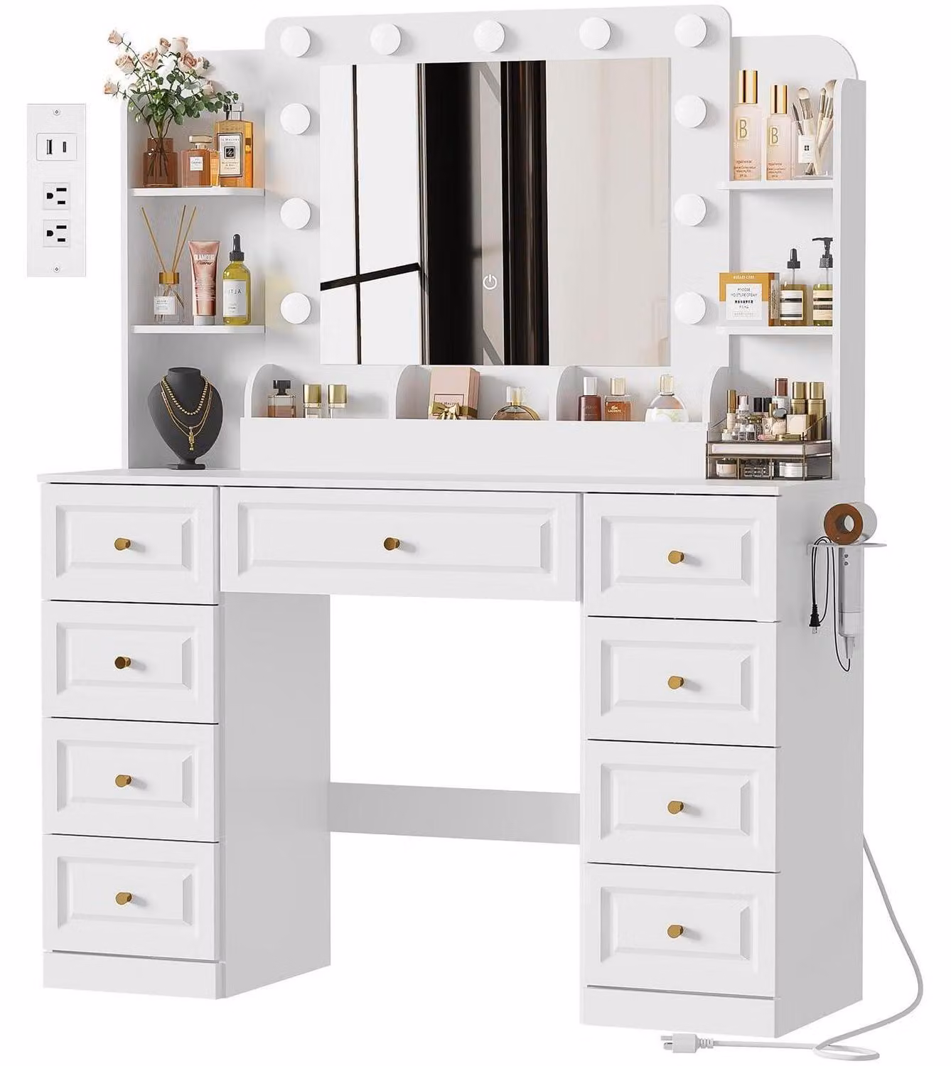 Comò da trucco con specchio, illuminazione a LED, presa di corrente, 107 cm di altezza, 9 cassetti, 4 ripiani, colore bianco