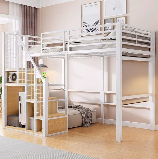 Letto a soppalco 90x200 cm con scala e vano contenitore in metallo