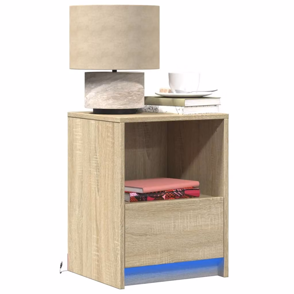 Set di 2 comodini sospesi vidaXL con luci LED integrate in legno e MDF, colore Rovere Sonoma/Marrone