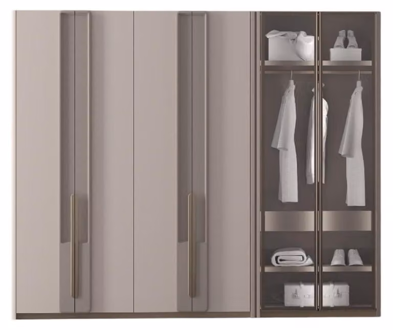 Armadio in stile moderno, colore beige, design elegante, struttura in legno