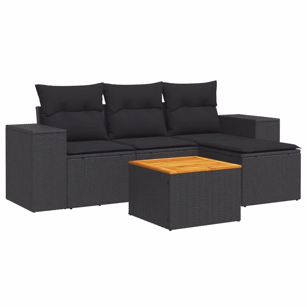 Set da giardino vidaXL a 5 pezzi con divano a L, poltrone, pouf e tavolino, in rattan nero con cuscini inclusi e struttura in acciaio verniciato a polvere – 2
