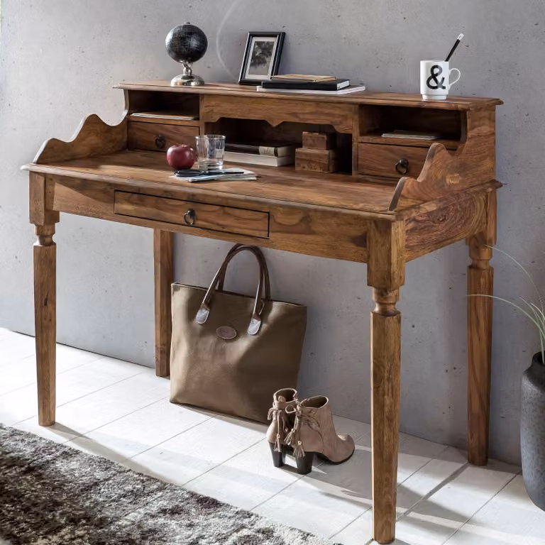 FineBuy: Scrivania in legno massello di sheesham, consolle, secrétaire, 115 x 100 x 60 cm, con 3 cassetti e ripiani. Tavolino consolle in stile rustico realizzato in legno naturale