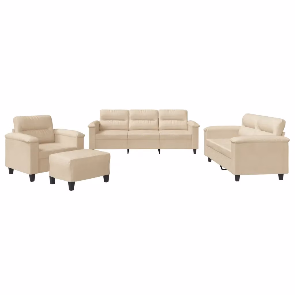 Set di Divani 4 Pezzi vidaXL in Microfibra Beige con Cuscini e Pouf per Soggiorno – 2