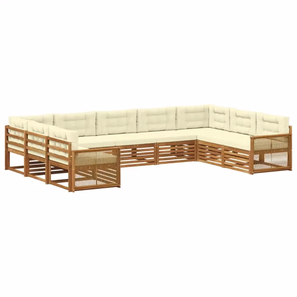 Set di divani da esterno a forma di U vidaXL in legno di acacia con cuscini beige e bianchi – 2