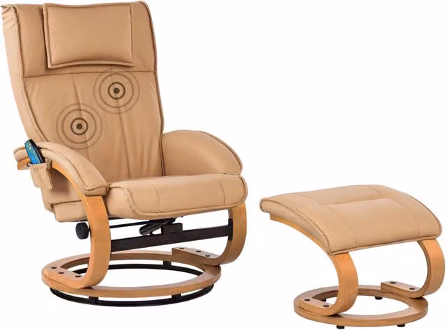 Poltrona massaggiante/riscaldante e poggiapiedi in ecopelle marrone chiaro con poggiapiedi con funzione massaggio design retrò
