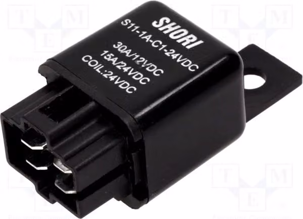 1 relè: elettromagnetico, 30A. Bobina: 24VDC, per veicoli. 1,4W. Modello: S11-1A-C1-24VDC. Elettrico