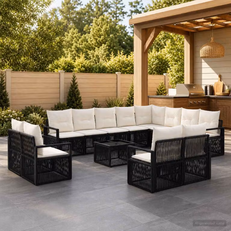 Set Divano da Giardino vidaXL 13 pz Nero con Poltroncine, Elementi Angolari e Tavolino, Struttura in Acciaio e Design Moderno a L con Cuscini Inclusi