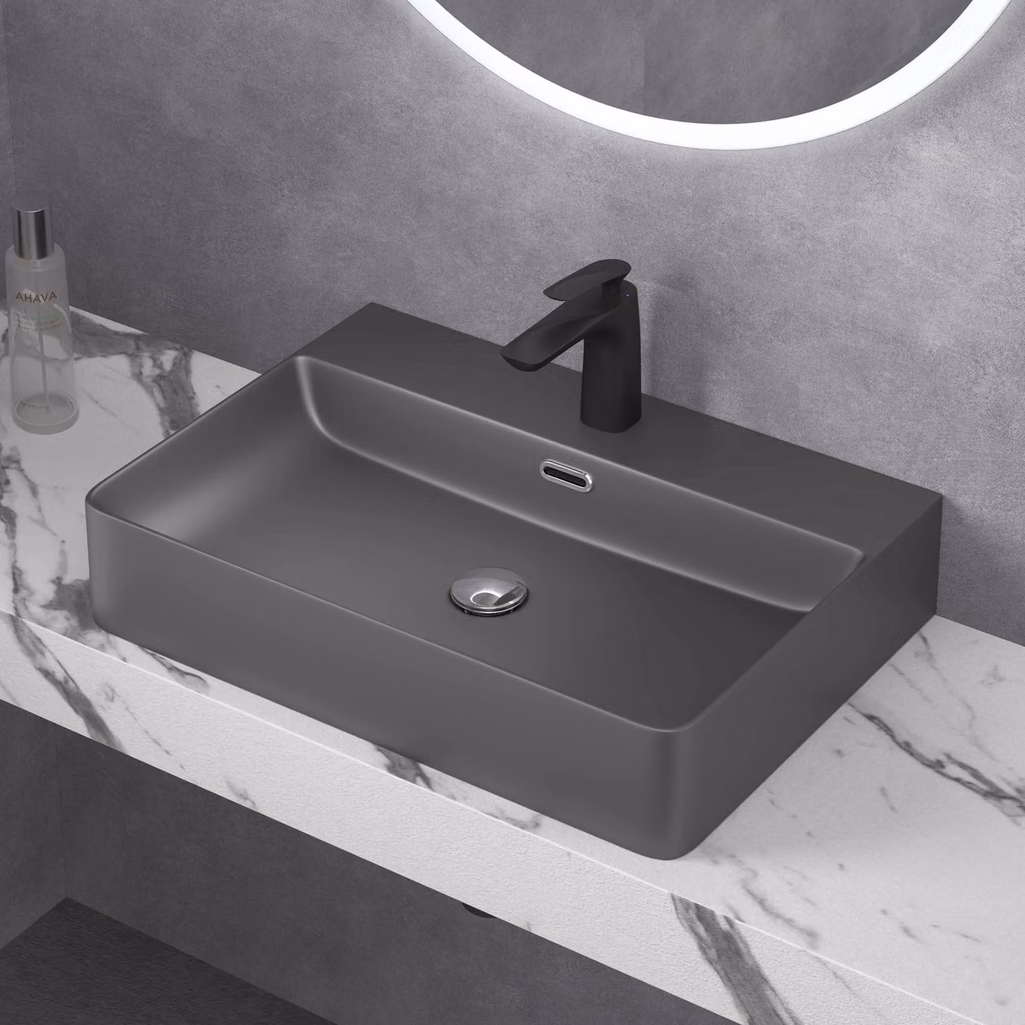doporro Lavabo da Appoggio Lavandino Sospeso Bagno Rettangolare 60 cm in Vetroceramica Antracite Opaco con Foro per Rubinetto e Troppopieno - Meissen201