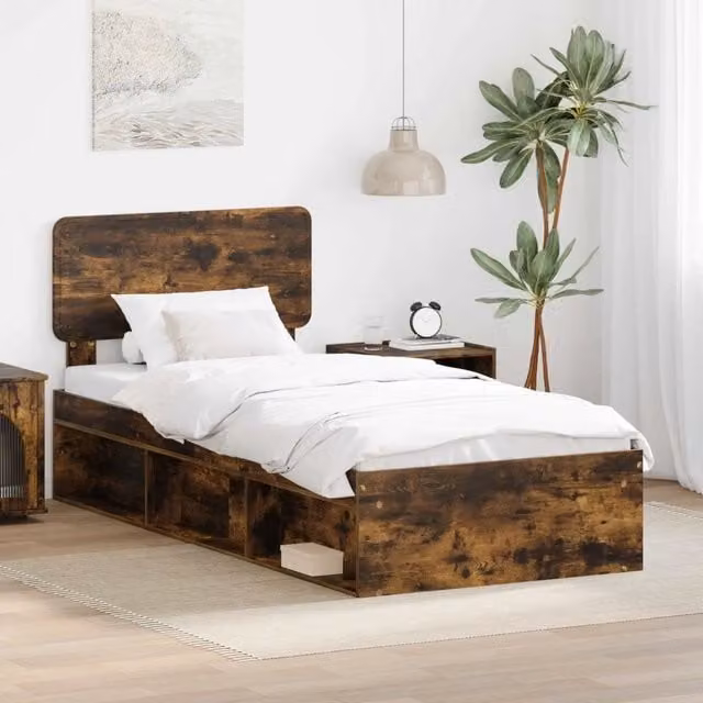 Struttura del letto moderna vidaXL in pino massello e MDF colore rovere fumo L: 190 cm, P: 75 cm, H: 90 cm