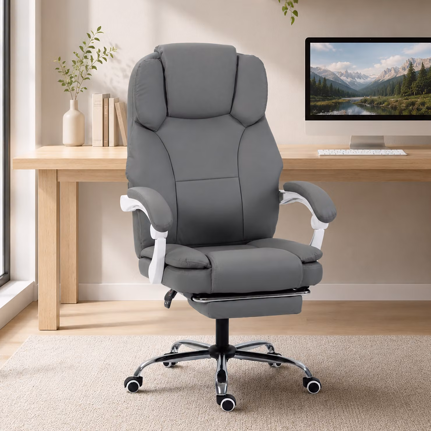 Sedia da ufficio ergonomica HOMCOM in pelle sintetica grigia con braccioli e poggiatesta, regolabile e reclinabile – 2