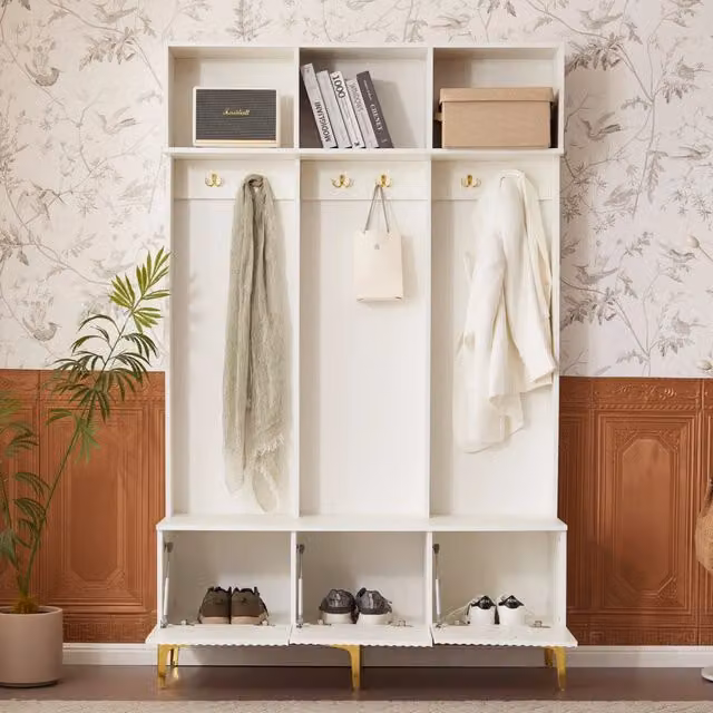 Armadio da ingresso REDOM moderno in legno e metallo bianco e oro L/P/H: 120 x 23.5 x 191.5 cm – 1