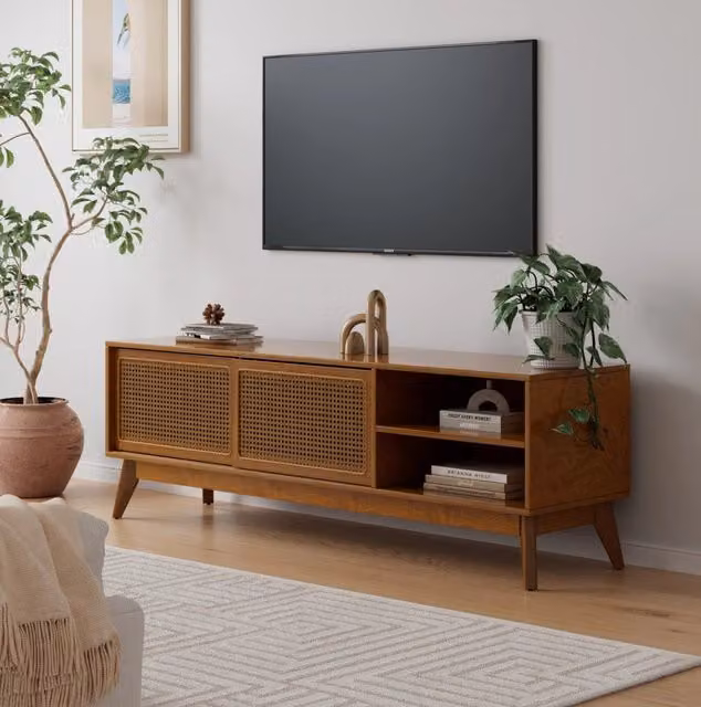 Mobile TV in Rattan e Legno 150 cm per TV fino a 65 Pollici, Stile Mid Century, Colore Noce Chiaro